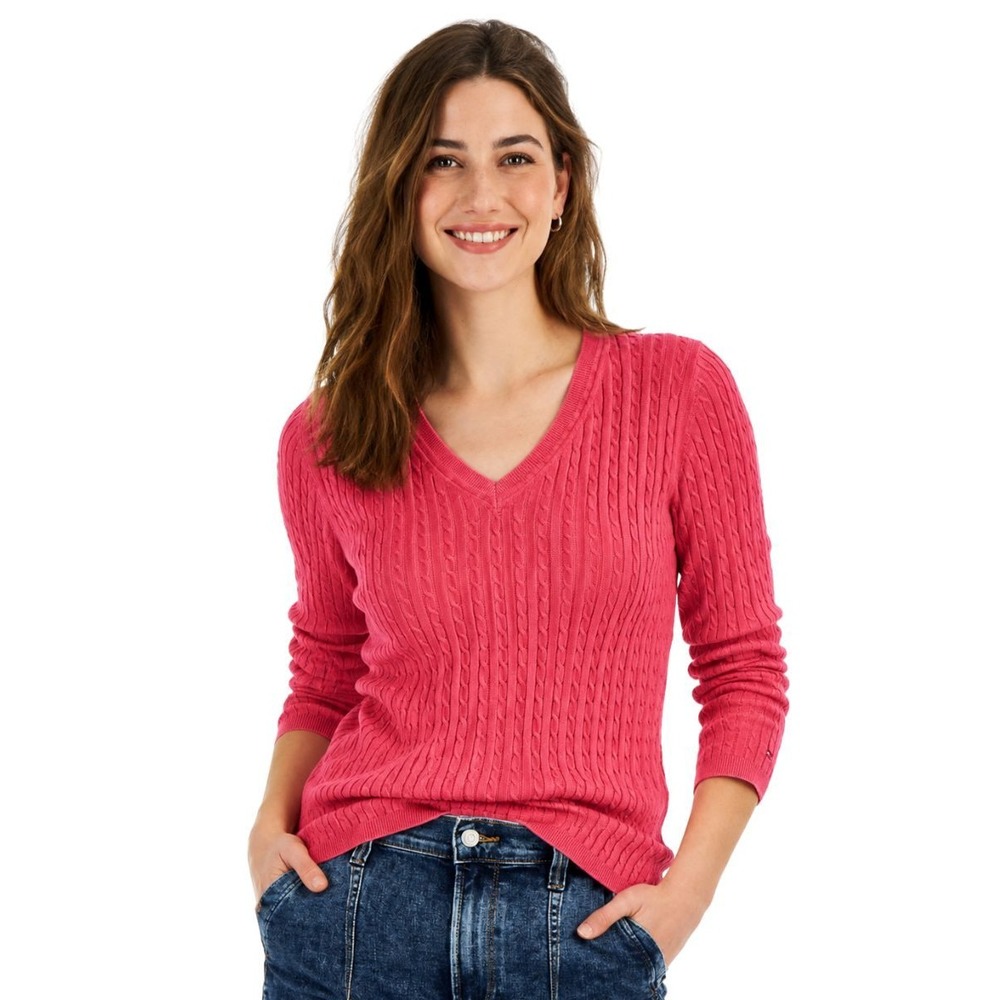 Tommy Hilfiger 100% Cotton Womens XL Pink Cable Knit V Neck Sweater Flag Logo